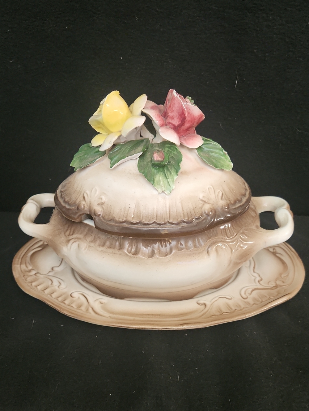 Vintage Capodimonte Floral Porcelain Soup Tureen with Pink and Yellow Flowers